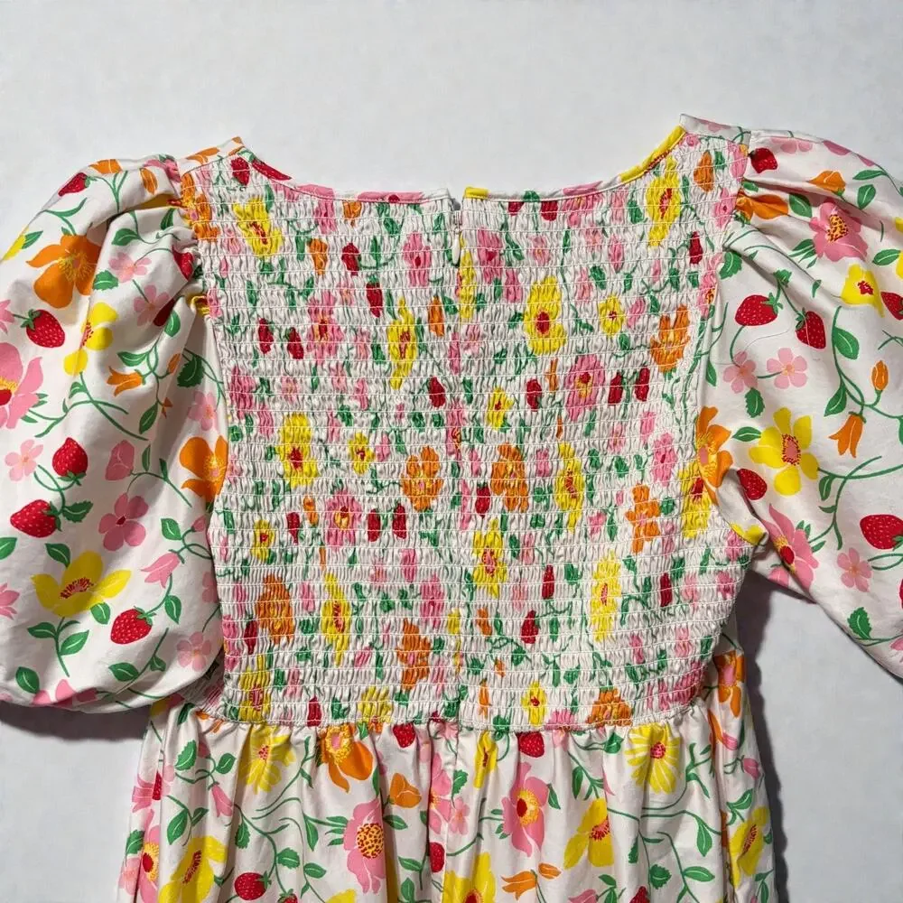 Kate Spade Dress Floral Midi Pink Yellow Puff Sleeve Cottagecore Coquette Size 4
